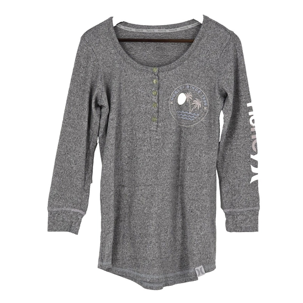 Hurley Waffle‎ Knit  Womens Small Gray Henley Surf Long Sleeve Logo Palm Casual